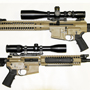 A great pair of Cerakote Tan LWRCs. Top: R.E.P.R. 7.62 (308) 20" Heavy Sniper with a Schmidt &Bender 4-16x50 PMII LP P4Fine.  Bottom: M6A3 5.56 (223) 18" Designated Marksman Rifle with a Swarovski  Z6 2.5-15x44 - BRH reticle.